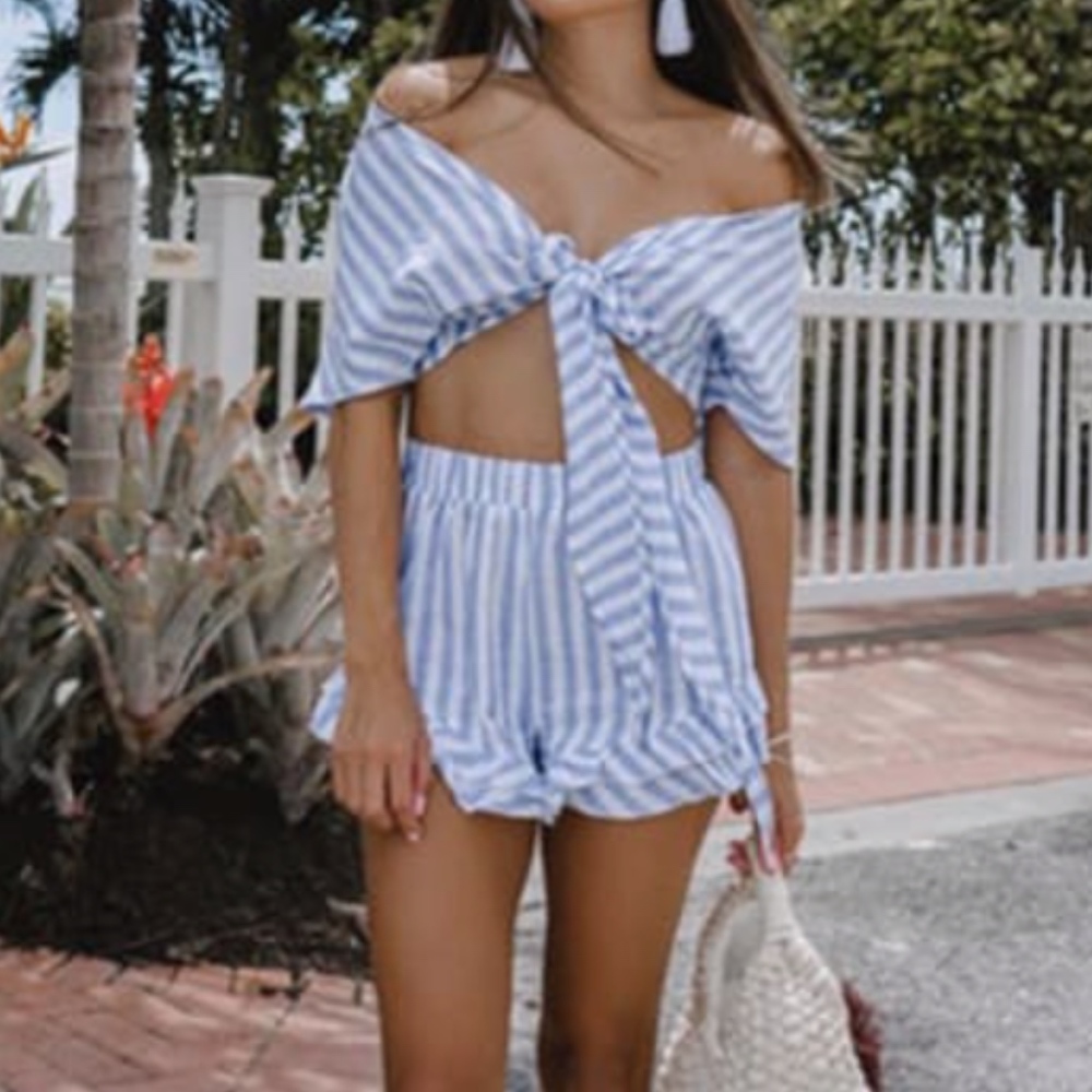 COPY - Two Piece Set Tie Front Ruffles White/Blue Strips